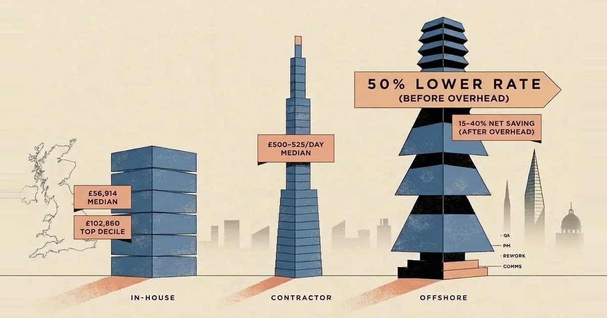 Illustrated UK skyline comparing in house, contractor and offshore development: a £56,914 median in house salary with £102,860 at the top decile, a £500 to £525 median contractor day rate, and an offshore tower showing a 50% lower rate before overhead and a 15 to 40% net saving after QA, project management, rework and communication costs.
