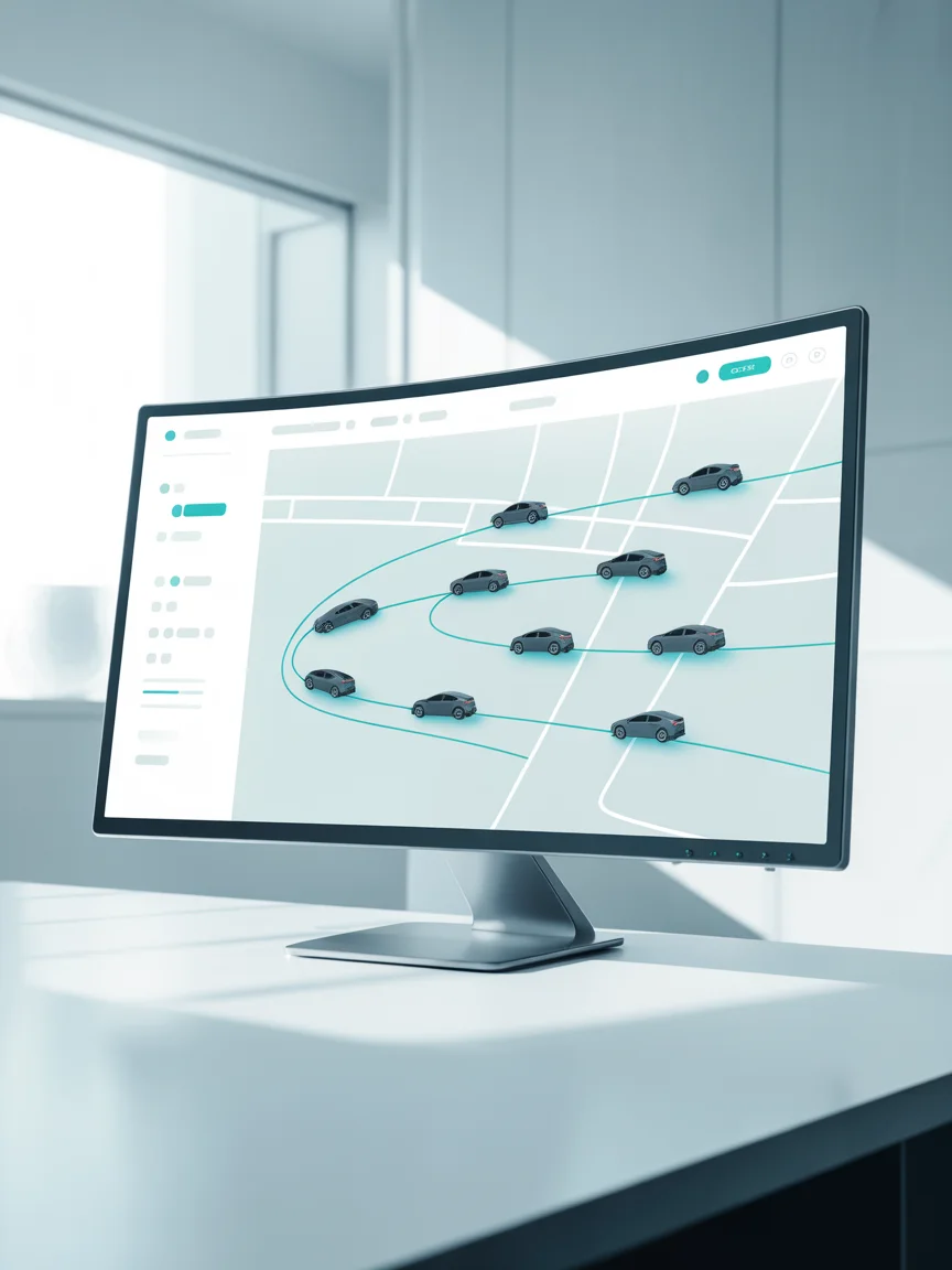 Fleet map on a desktop monitor showing rental vehicles and their routes