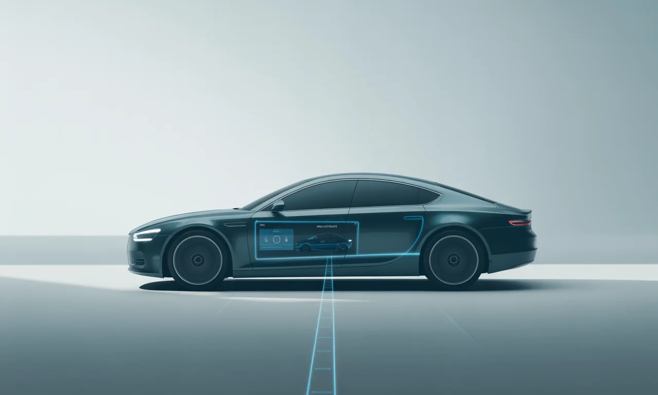 Illustration of a connected rental car with its live vehicle data panel